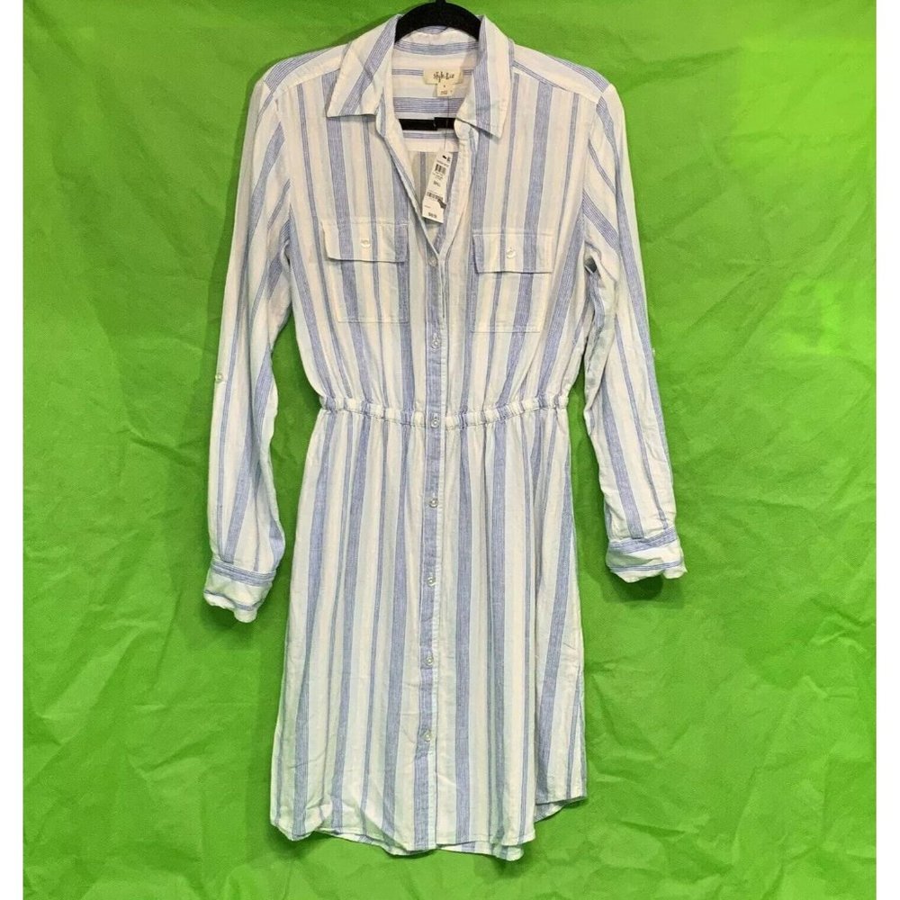 Style & Co Striped Button-Front Linen-Blend Shirtdress S